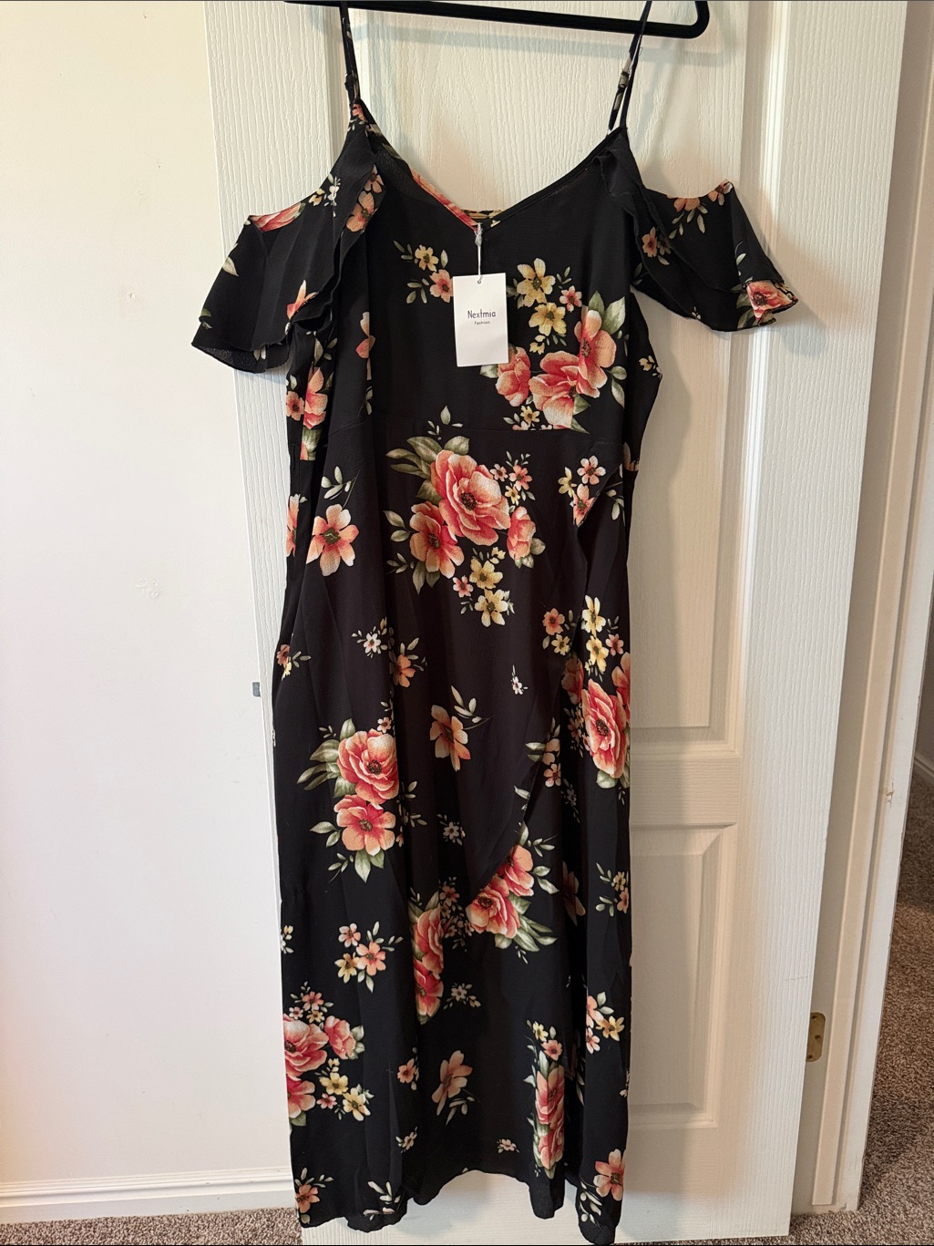 Sedona Floral Cold-Shoulder Maxi Dress - Black With Pink Floral